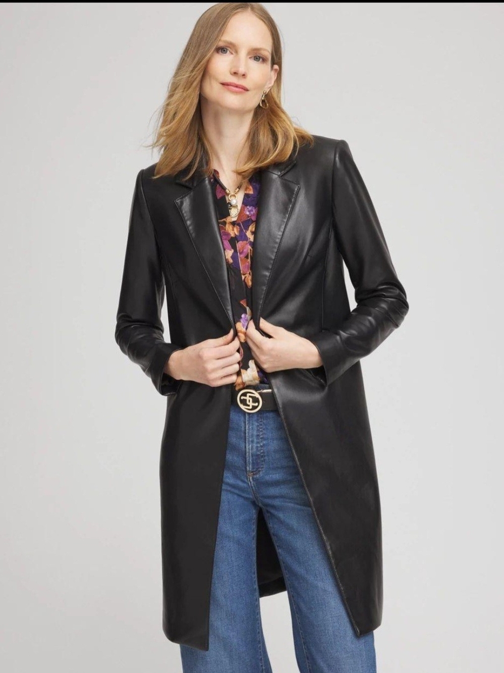 Chico's Car Coat Jacket Women Size 3.5 US 18 Faux Leather Longline Topper Black